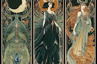 illustrate your tarot cards, vintage poster art deco retro in art nouveau style