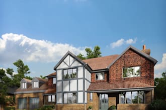 render two story modern tudor residence,double garage,3d gable roof house design