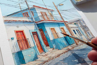 paint a watercolor house portrait or city space illustration
