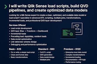 write qlik load scripts, build qvd pipelines, and create optimized data models
