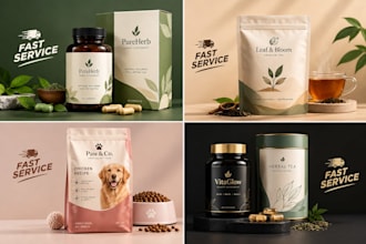 herbal supplement labels, tea and pet pouch packaging