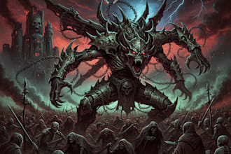 draw a dark, brutal, horror and heavy metal illustration