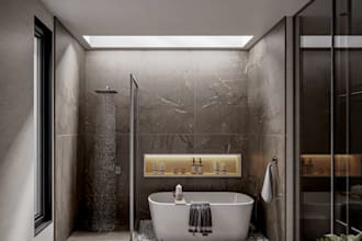 design a modern and  realistic 3d bathroom interior