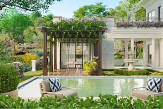 provide site plan for garden landscape,resort layout design,terrace pool render