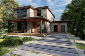 remodel villa exterior, rooftop terrace, cantilever balcony, hardscape rendering