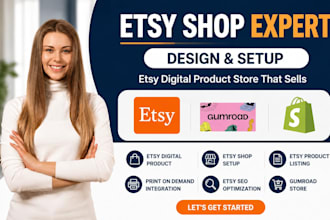 etsy shop optimization, gumroad store and print on demand setup