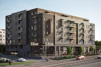 recreate mixed use building,urban apartment complex,street level retail, render
