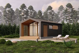 repurpose 3d bath house, redecorate cabin homes, realistic exterior render, vray