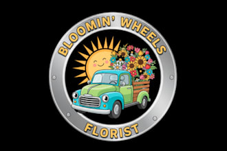 create truck flower sun mascot logo design with company