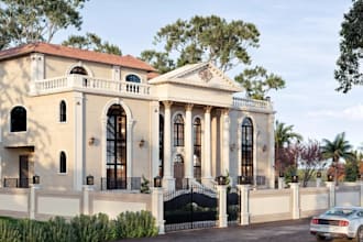 upgrade modern 3d mansion, redecorate symmetrical facade, render arched window