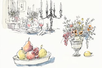 sketch and painting by watercolor and pen