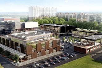 render3d commercial complex,exterior design,central park,aerial view,retail park