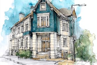 sketch architecture building with watercolor rendering
