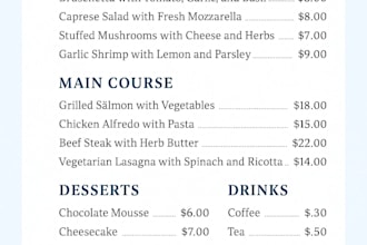 design a professional and attractive restaurant menu