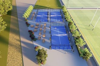 recreate 3d padle court render,sports facility visualization ,rugby field design