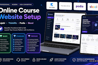 build online course website on kajabi, thinkific, podia, setup skool community