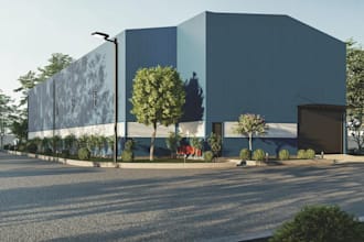 aesthetic industrial building,3d exterior warehouse,loading bay,facility render
