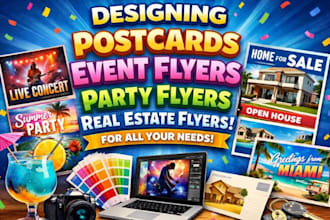 design professional postcards, event flyer, party flyer, real estate flyer