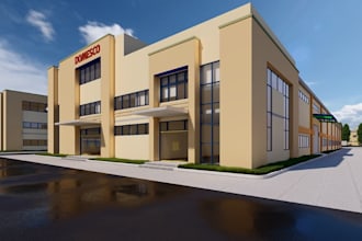 aesthetic 3d factory exterior,industrial landscape,commercial site plan render