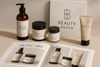 design cosmetic product label, beauty branding logo, skincare magazine mockup