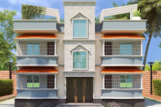 reinvent multi story building, villa facade, rooftop terrace, balcony render,