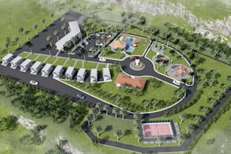 repurpose real estate project,playground,cgi tennis court,urban landscape render