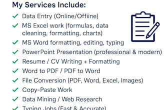 do data entry , resume writing, ms excel, ms word, copypaste
