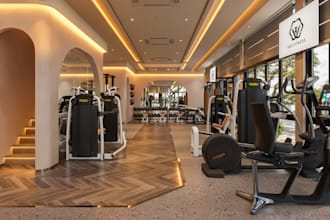 update luxury gym interior, 3d fitness studio, workout space, health club render