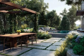 design landscape, terrace, backyard, pool, and patio