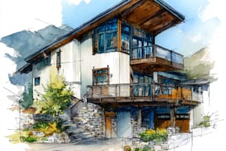 sketch architecture building with watercolor rendering