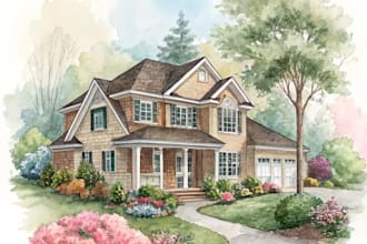 illustrate your home into digital watercolor painting
