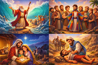 illustrate christian bible children story book illustration, children storybook