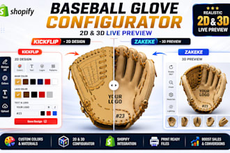 create realistic 2d 3d glove configurator in zakeke, kickflip shopify pod store