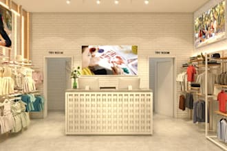 purpose 3d retail store design, boutique store, revit assignment, layout render