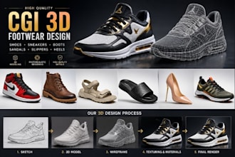 design high quality cgi 3d shoes, sneakers, boots, sandals, slippers,