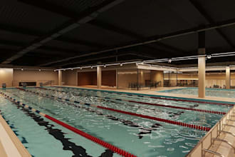 repose 3d sport arena, dwg to 3d rendering, swimming arena,pool cgi render,revit