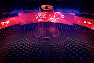 customize corporate event stage, futuristic stage design, 3d event venue render
