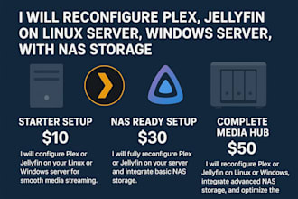 reconfigure plex, jellyfin on linux server, window server, with nas storage