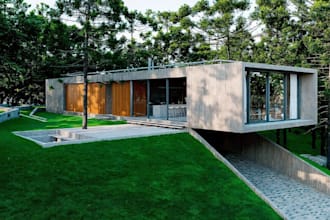 reconfigure residential property, brutalist exterior design, 2d layout,landscape