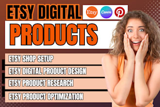 set up etsy shop, design etsy digital products, etsy SEO, print on demand, etsy
