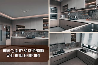 do 3d kitchen interior design, modern kitchen 3d rendering and 3d model