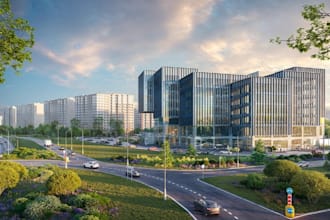retrofit modern business centre,glass facade,cgi exterior view, urban cityscape
