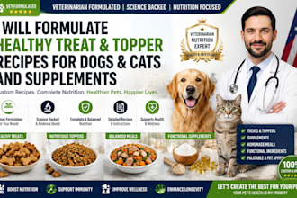 develop natural pet treat formulations and topper recipes for dogs and cats