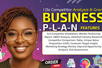 create business plan on competitor analysis, market research, swot, and pestle