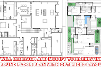 redesign your ground floor plan, roof plan, site plan and interior layout
