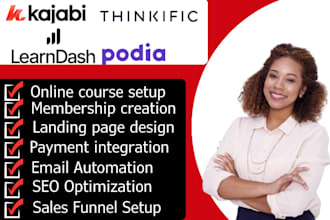 design set up online course kajabi thinkific podiateachable learndash website