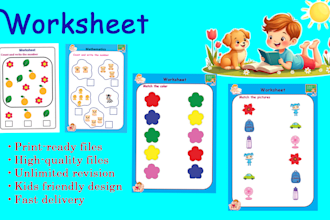 design creative worksheets, activity book, coloring book and flash card for kids