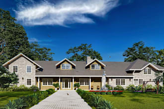 visualize 3d country house, farmhouse, traditional home,large yard, porch design