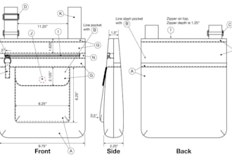create a detailed handbag tech pack for production with technical drawing