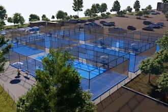 create 3d stadium sport facility, soccer football field, padel court